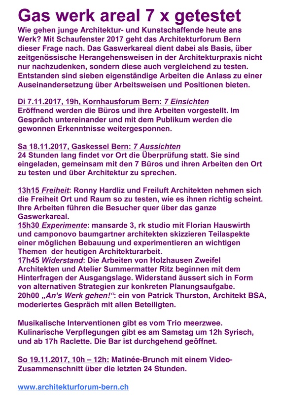 Architekturforum Bern - Schaufenster: Gaswerkareal 7× getestet, 7 Aussichten